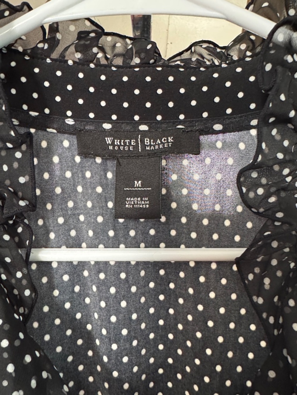 White House Black Market Polka Dot Ruffle Shell - Medium - Picture 6 of 6